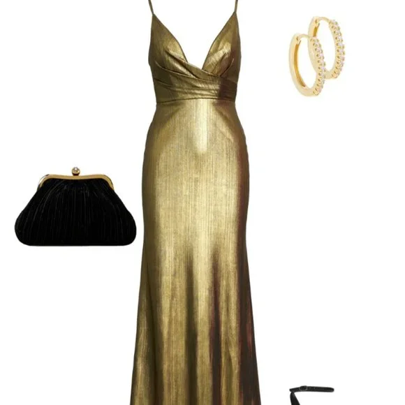 MAC DUGGAL26408METALLIC FAUXWRAP SPAGHETTI STRAPS BRONZE GOWN sz 2